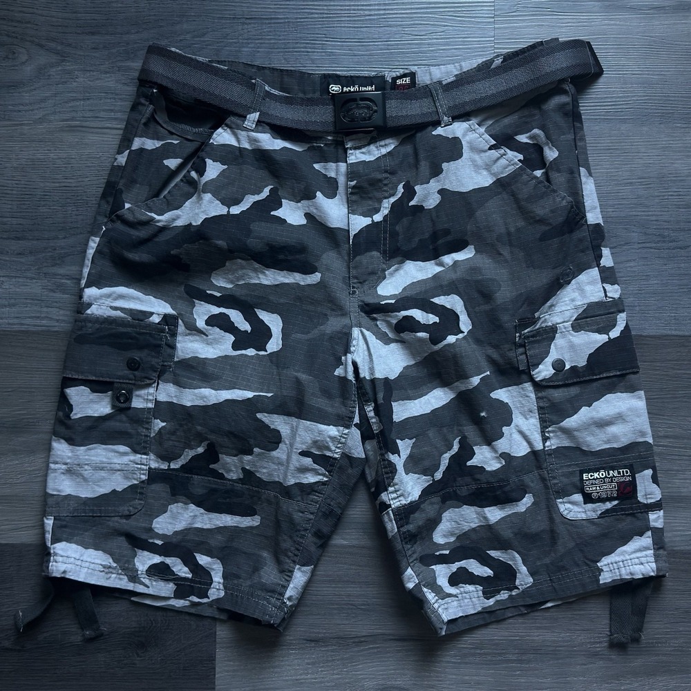 Vintage Ecko Untld Camo Cargo Shorts Mens 36 Y2K Military Grunge Skater Gray